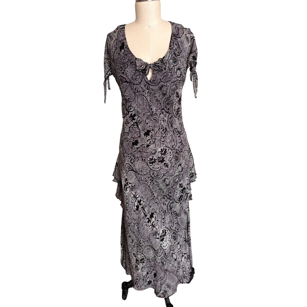 Temptation Maxi Dress Womens Large Black Gray Excellent Sequin Paisley‎ Ruffle